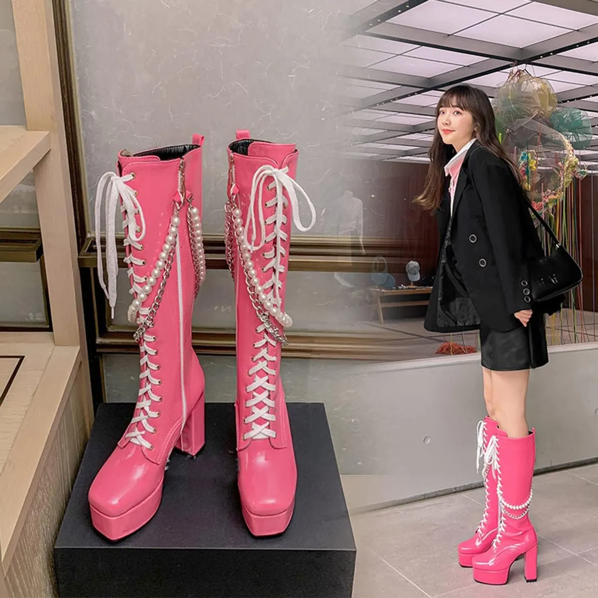 Women's Thick Heel Platform Gothic Boots Lace Up String Bead Punk Boots