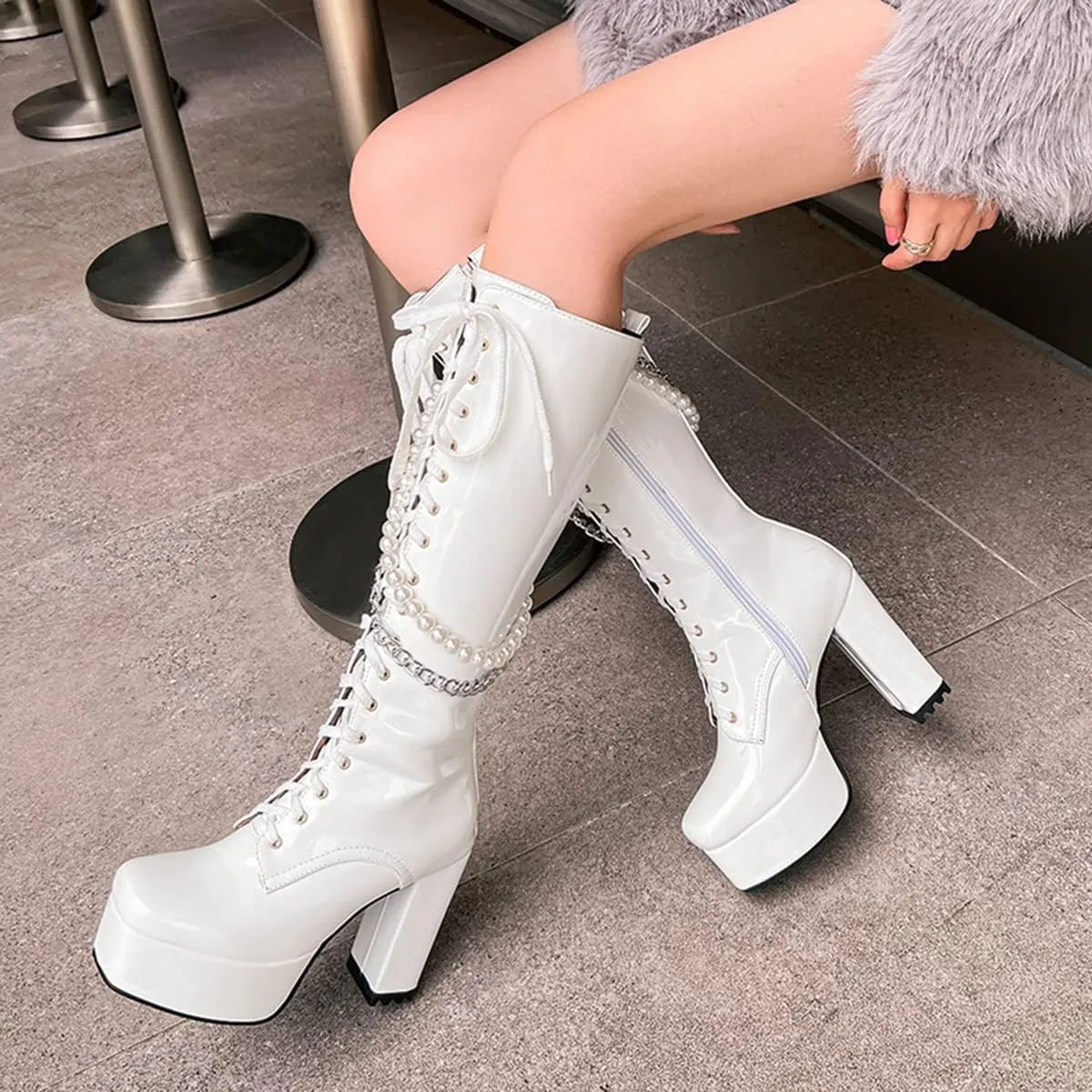 Women's Thick Heel Platform Gothic Boots Lace Up String Bead Punk Boots