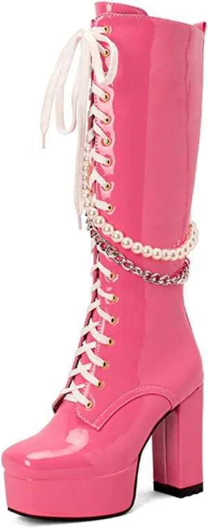 Women's Thick Heel Platform Gothic Boots Lace Up String Bead Punk Boots