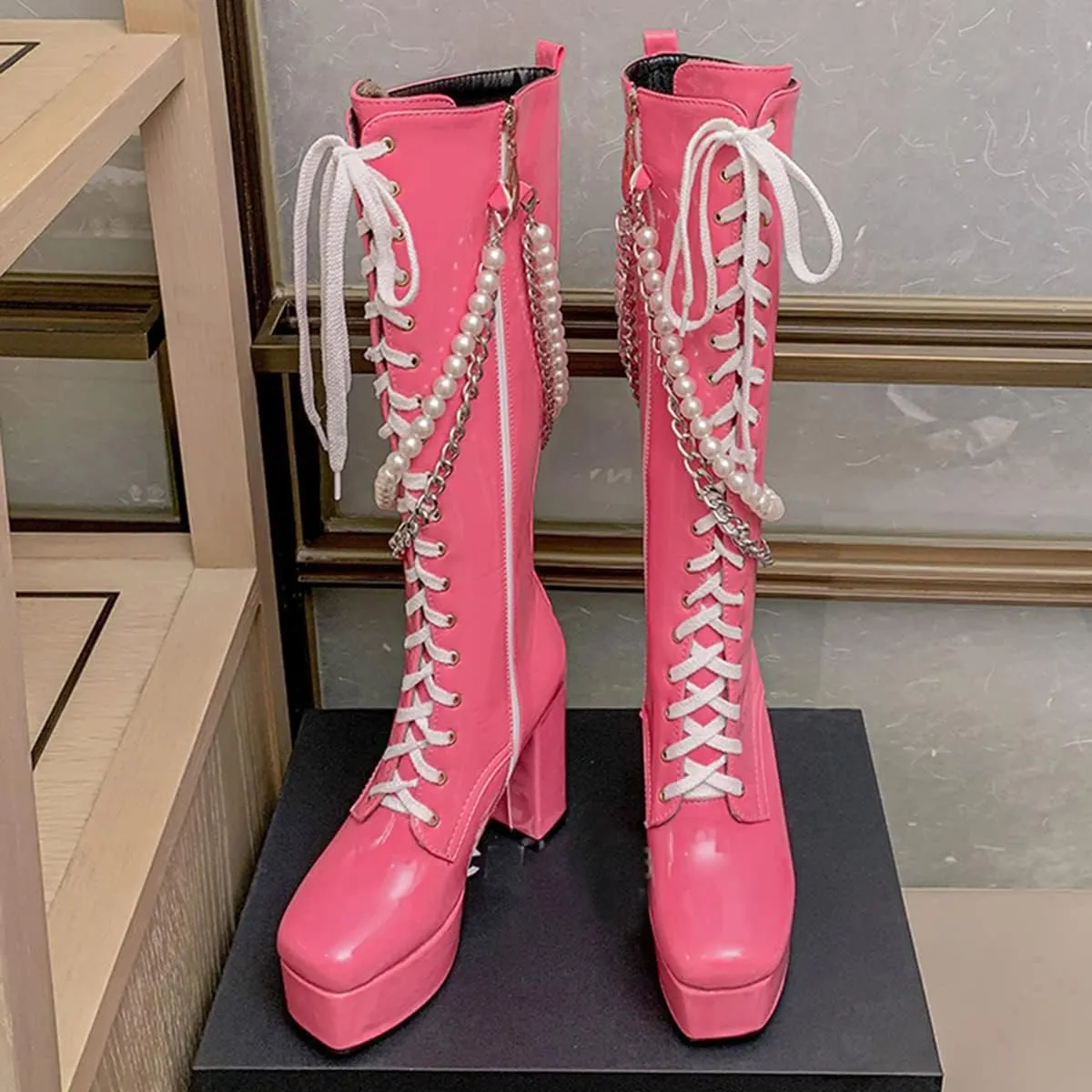 Women's Thick Heel Platform Gothic Boots Lace Up String Bead Punk Boots