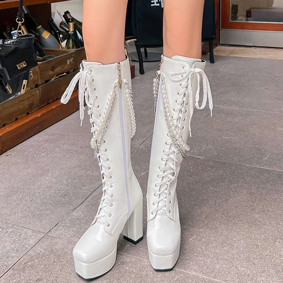 Women's Thick Heel Platform Gothic Boots Lace Up String Bead Punk Boots