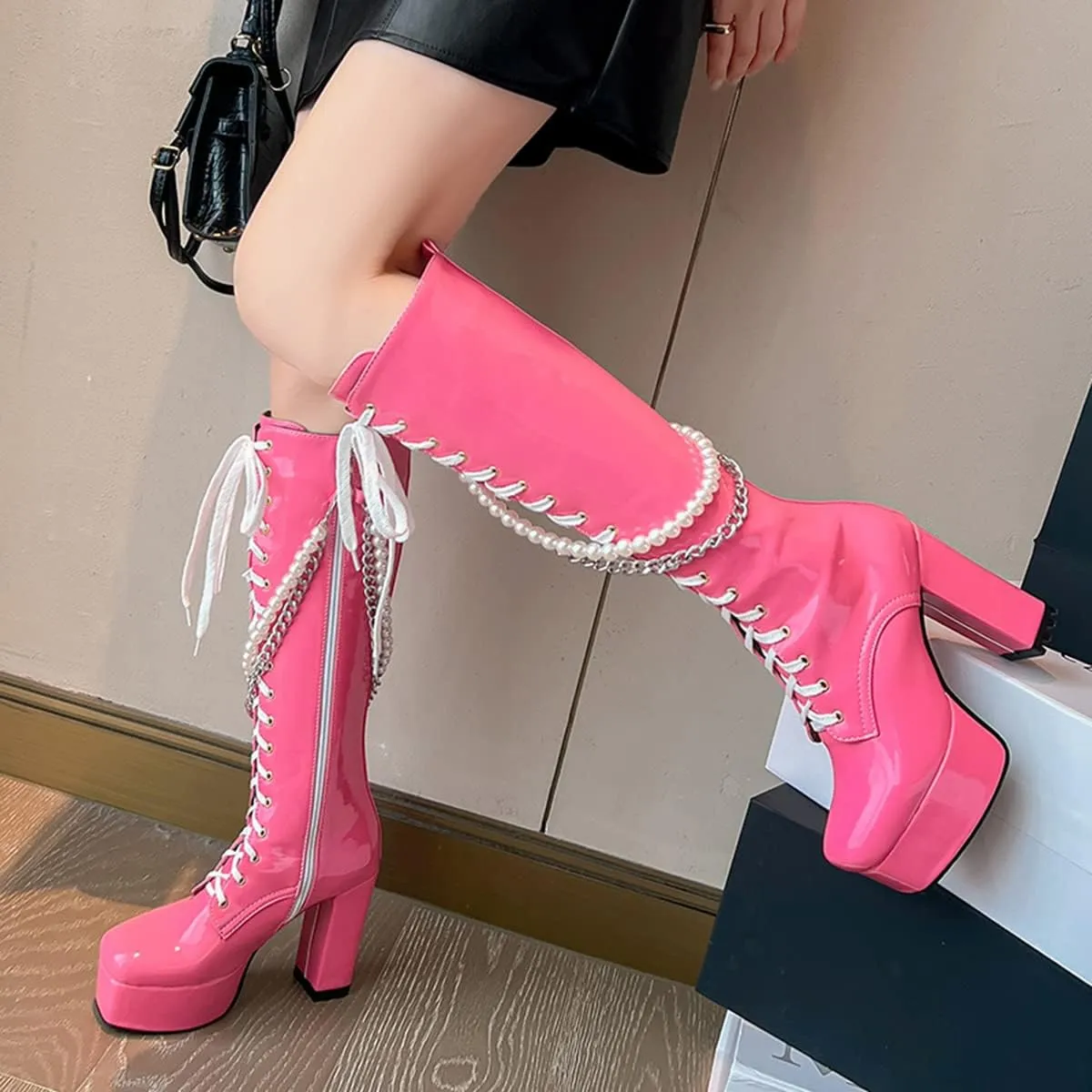 Women's Thick Heel Platform Gothic Boots Lace Up String Bead Punk Boots