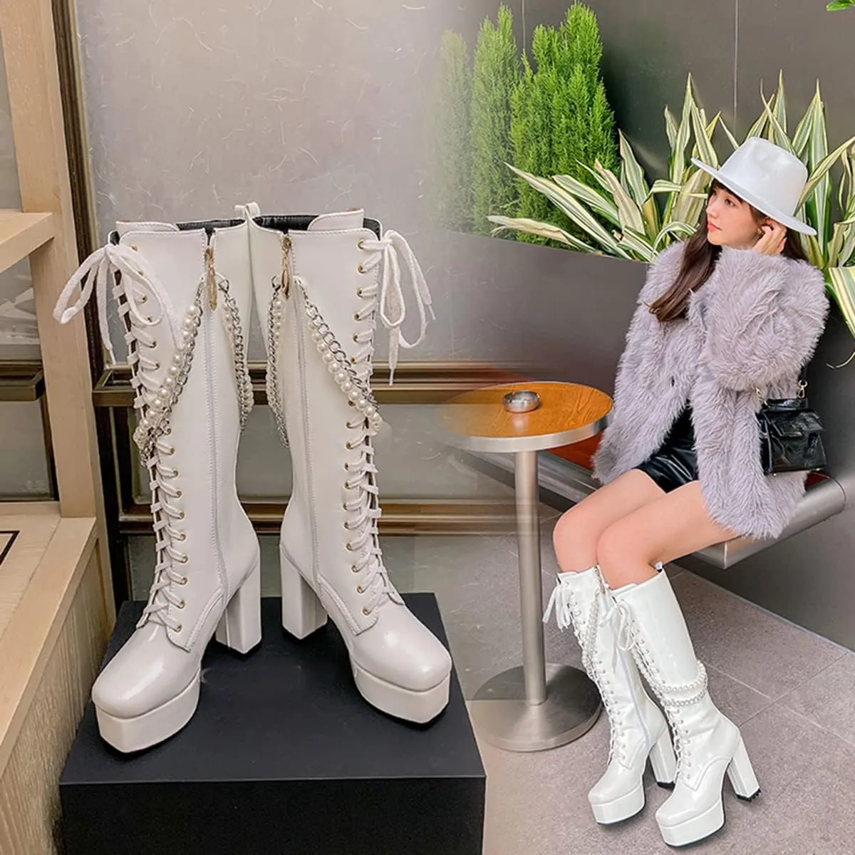 Women's Thick Heel Platform Gothic Boots Lace Up String Bead Punk Boots