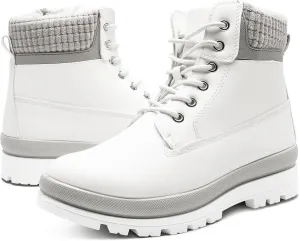 Womens White Winter Snow Boots Combat Boots for women Waterproof Fur Lined Ankle Booties Non Slip Fuzzy Warm Platform Boots Lace Up Hiking boots with Zipper