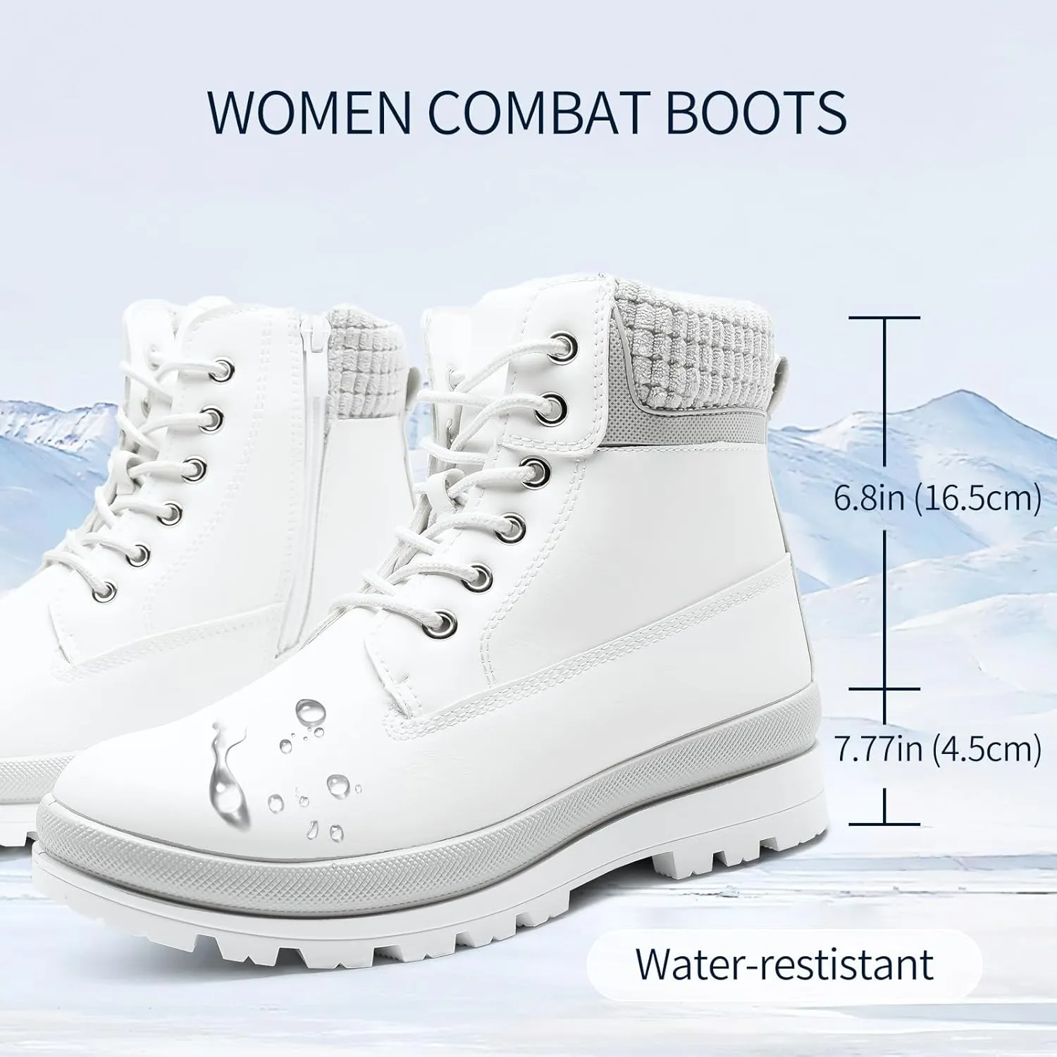 Womens White Winter Snow Boots Combat Boots for women Waterproof Fur Lined Ankle Booties Non Slip Fuzzy Warm Platform Boots Lace Up Hiking boots with Zipper