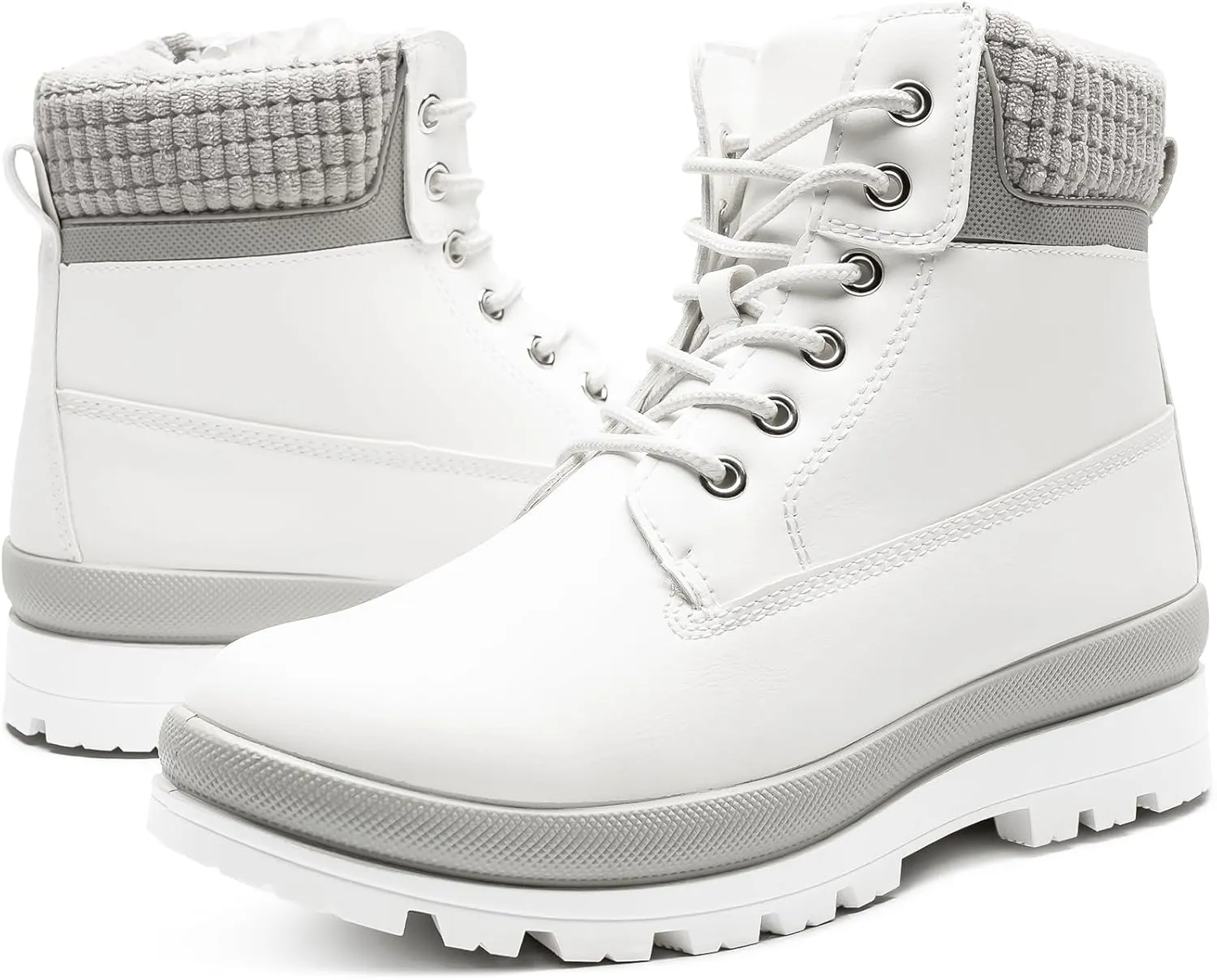 Womens White Winter Snow Boots Combat Boots for women Waterproof Fur Lined Ankle Booties Non Slip Fuzzy Warm Platform Boots Lace Up Hiking boots with Zipper