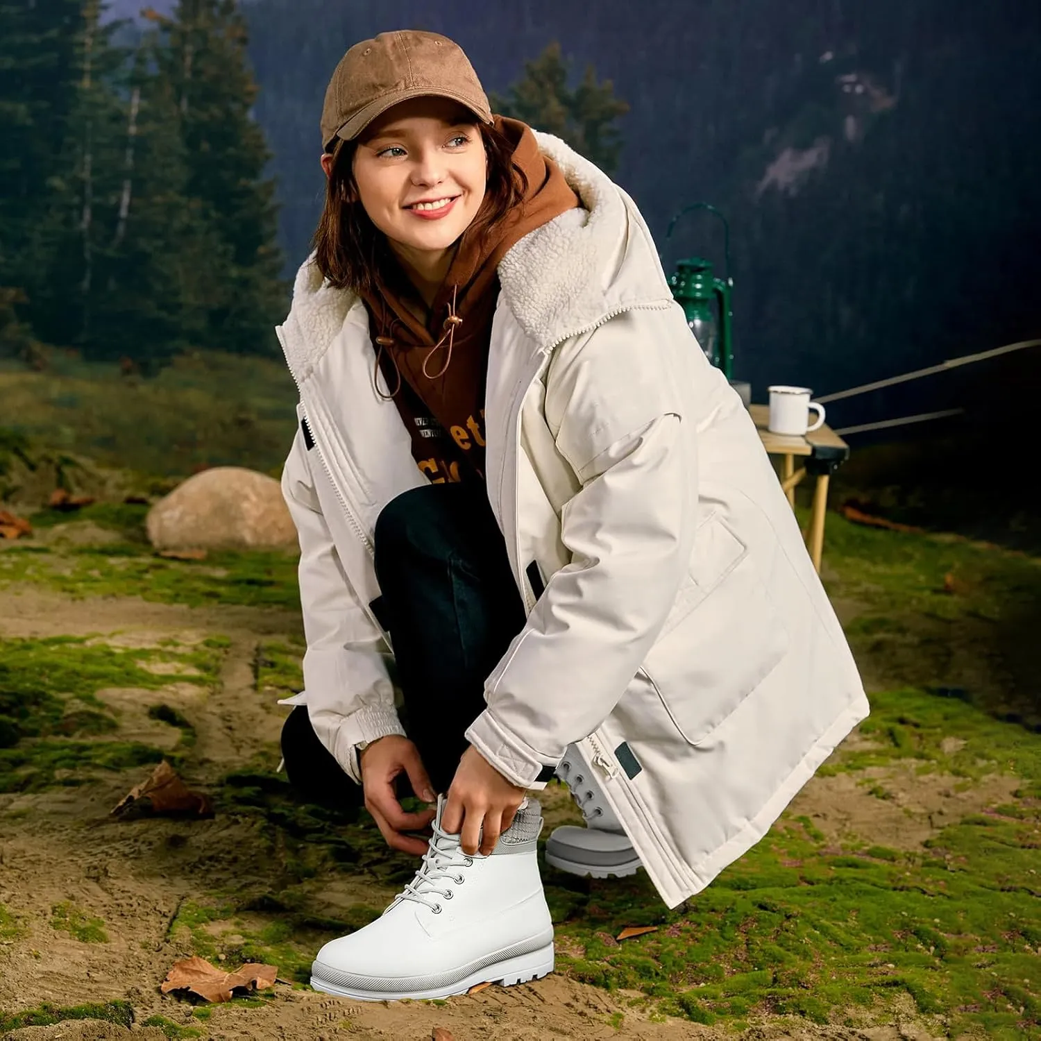 Womens White Winter Snow Boots Combat Boots for women Waterproof Fur Lined Ankle Booties Non Slip Fuzzy Warm Platform Boots Lace Up Hiking boots with Zipper