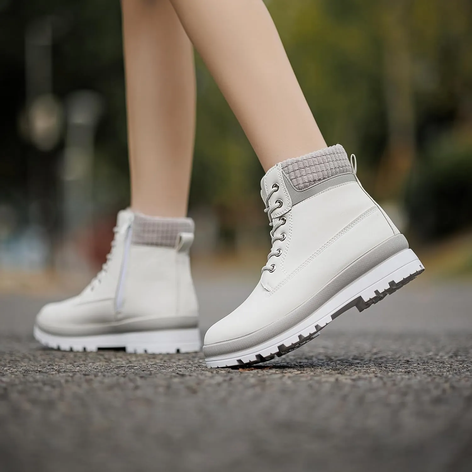 Womens White Winter Snow Boots Combat Boots for women Waterproof Fur Lined Ankle Booties Non Slip Fuzzy Warm Platform Boots Lace Up Hiking boots with Zipper