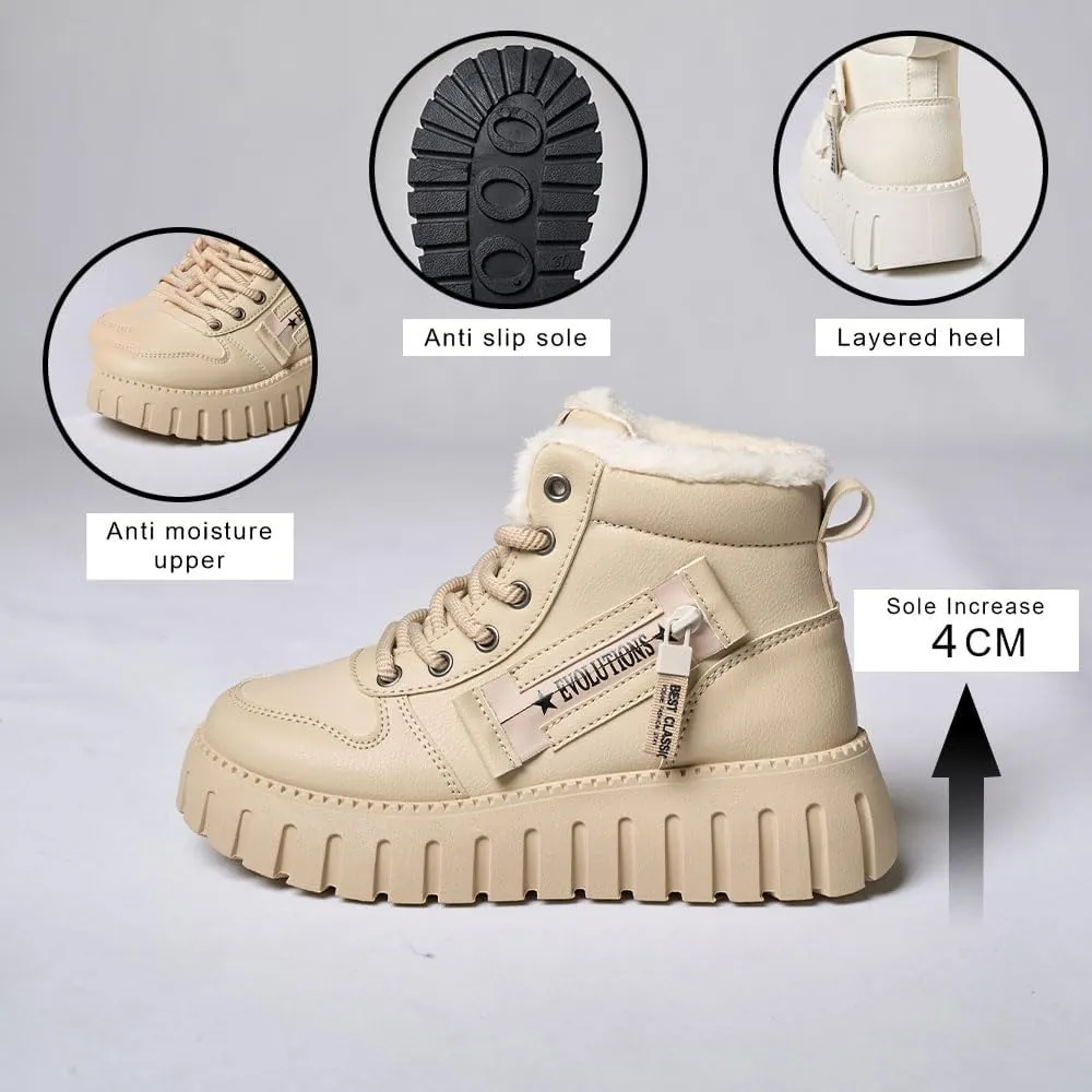 Women's Winter Boots, Lace Up Warm Sneakers, Zipper Design Thick Heels