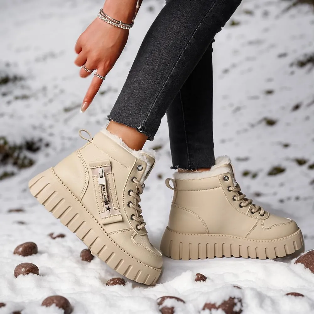 Women's Winter Boots, Lace Up Warm Sneakers, Zipper Design Thick Heels