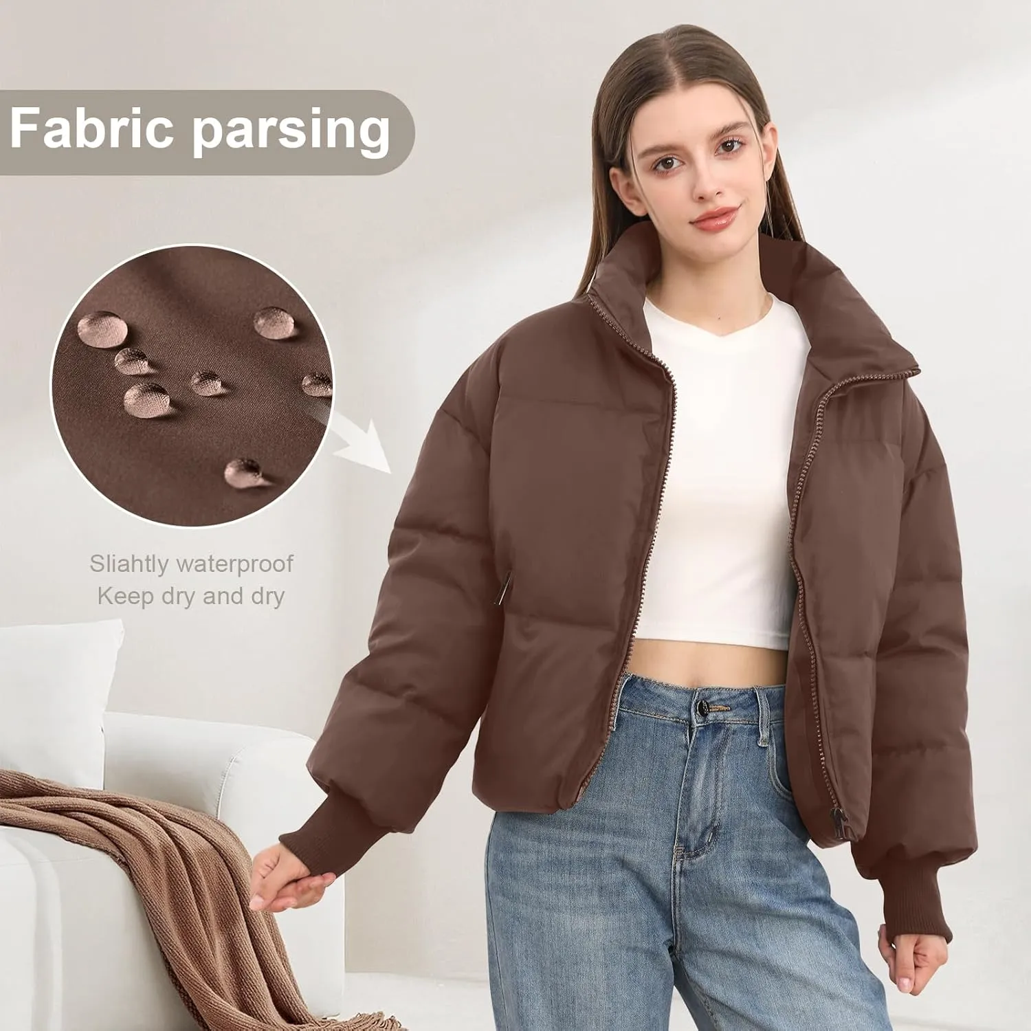 Women’s Winter Cropped Puffer Jacket Coat Casual Quilted Baggy Long Sleeve Zip Down Jackets Outerwear