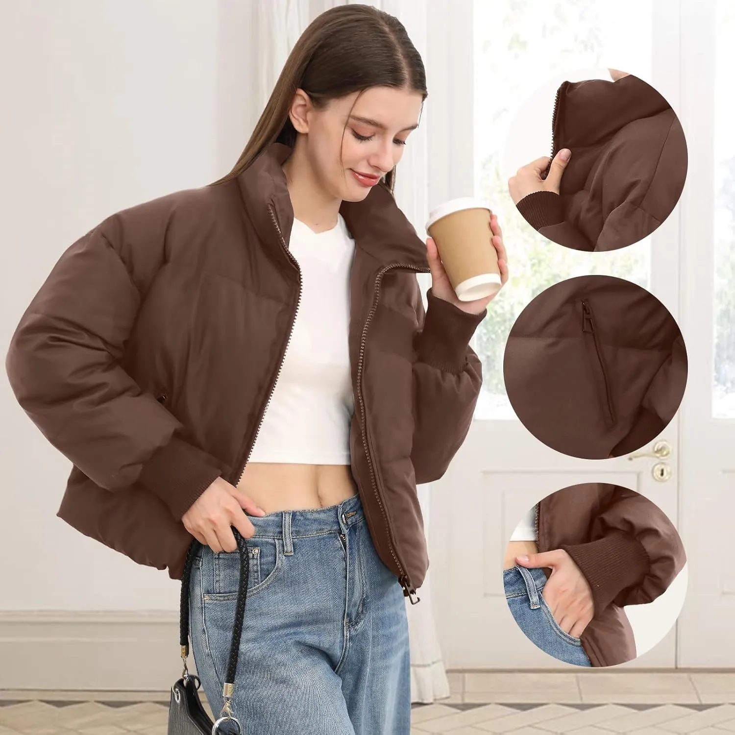 Women’s Winter Cropped Puffer Jacket Coat Casual Quilted Baggy Long Sleeve Zip Down Jackets Outerwear