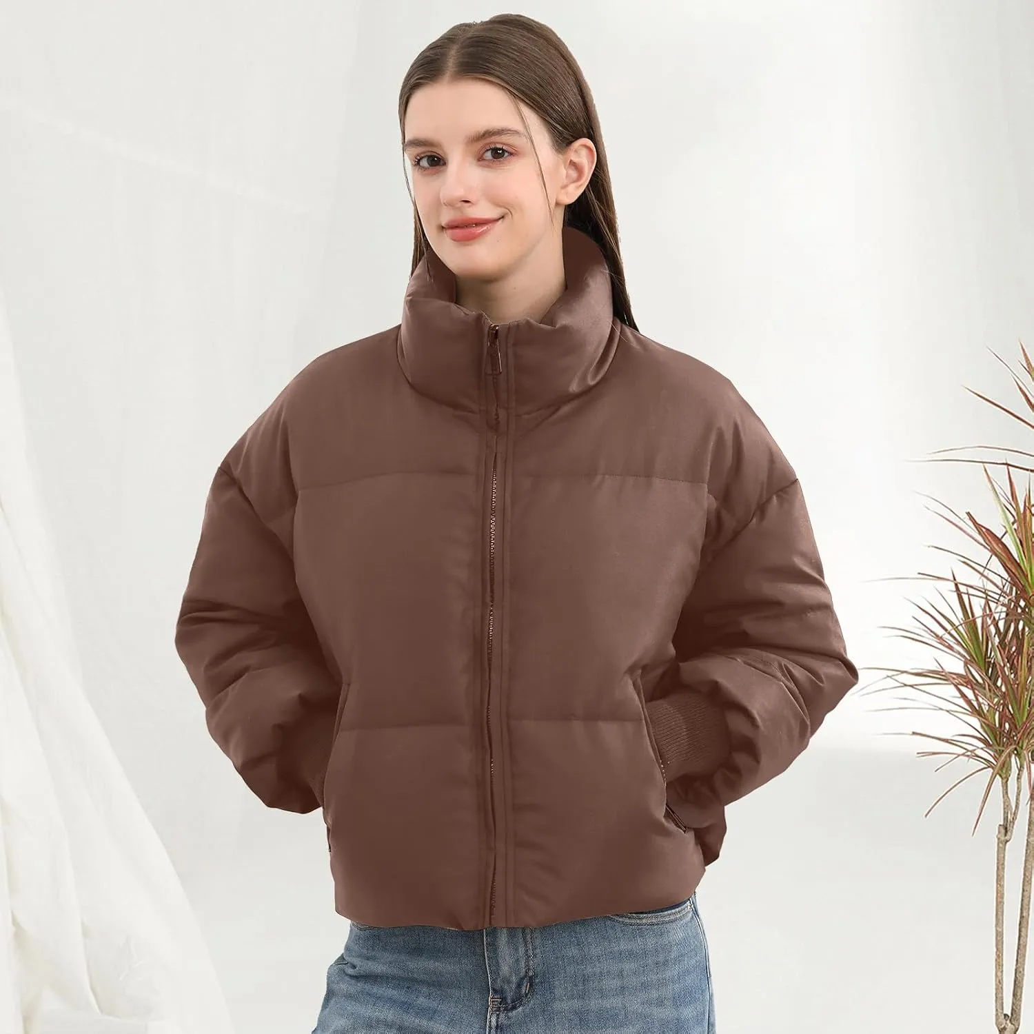 Women’s Winter Cropped Puffer Jacket Coat Casual Quilted Baggy Long Sleeve Zip Down Jackets Outerwear