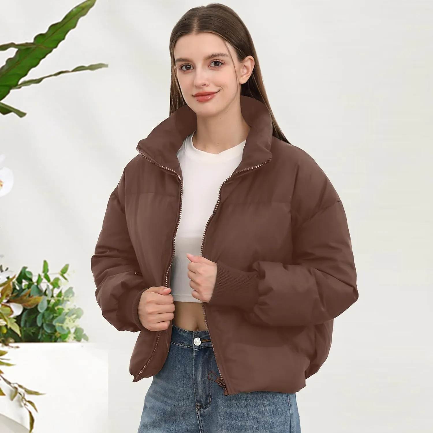 Women’s Winter Cropped Puffer Jacket Coat Casual Quilted Baggy Long Sleeve Zip Down Jackets Outerwear