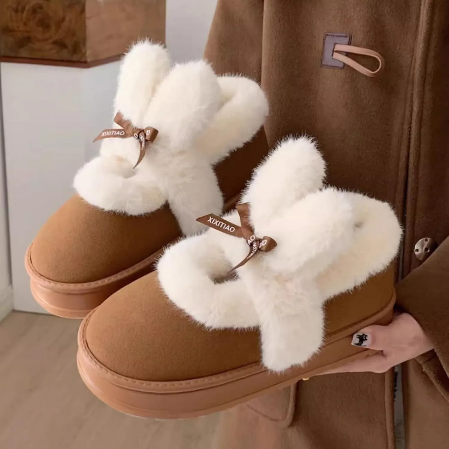 Women's Winter Plush Platform Snow Boots with Cute Fuzzy Rabbit Ears, Warm Faux Fur Slip-On Short Boots