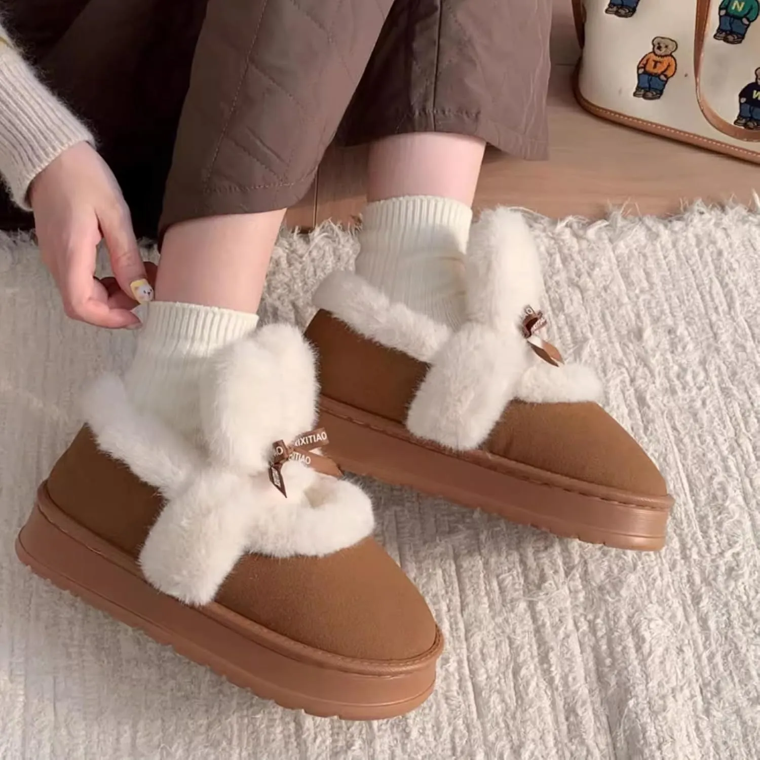 Women's Winter Plush Platform Snow Boots with Cute Fuzzy Rabbit Ears, Warm Faux Fur Slip-On Short Boots