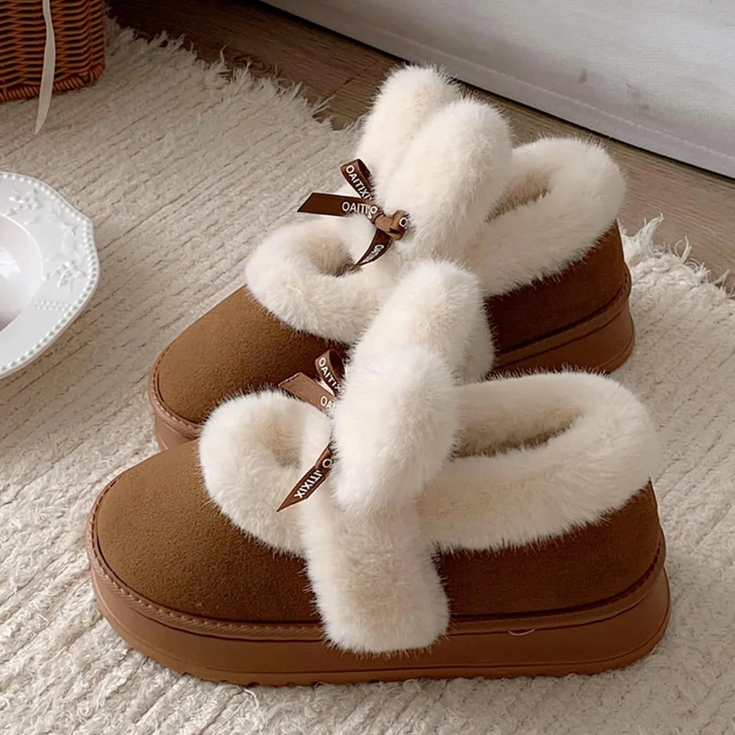 Women's Winter Plush Platform Snow Boots with Cute Fuzzy Rabbit Ears, Warm Faux Fur Slip-On Short Boots