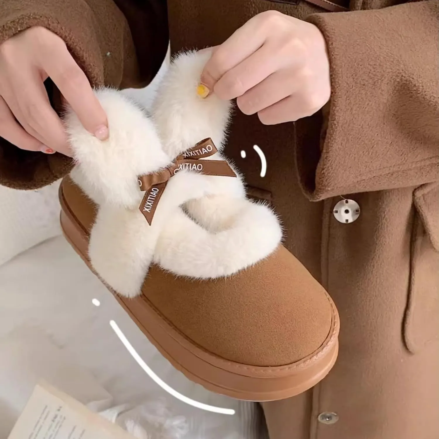 Women's Winter Plush Platform Snow Boots with Cute Fuzzy Rabbit Ears, Warm Faux Fur Slip-On Short Boots