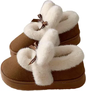 Women's Winter Plush Platform Snow Boots with Cute Fuzzy Rabbit Ears, Warm Faux Fur Slip-On Short Boots