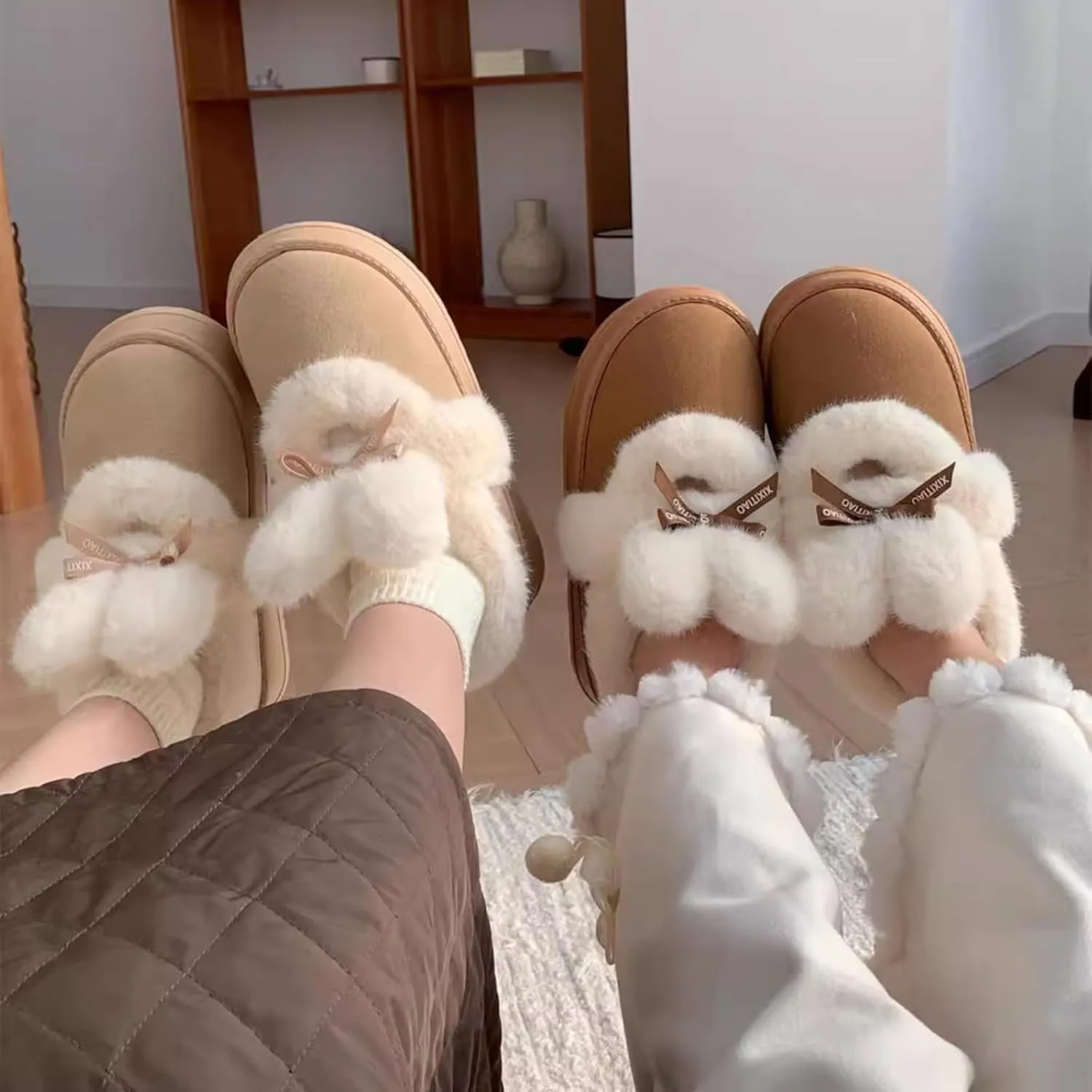 Women's Winter Plush Platform Snow Boots with Cute Fuzzy Rabbit Ears, Warm Faux Fur Slip-On Short Boots