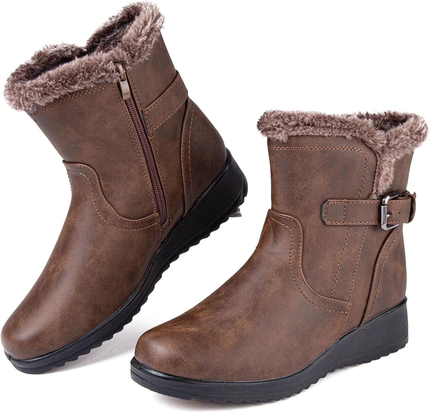 Womens Winter Snow Boots With Leather Comfortable Warm Fur Lining Zipper Ankle Booties Outdoor Platform Waterproof Walking Boots for Women