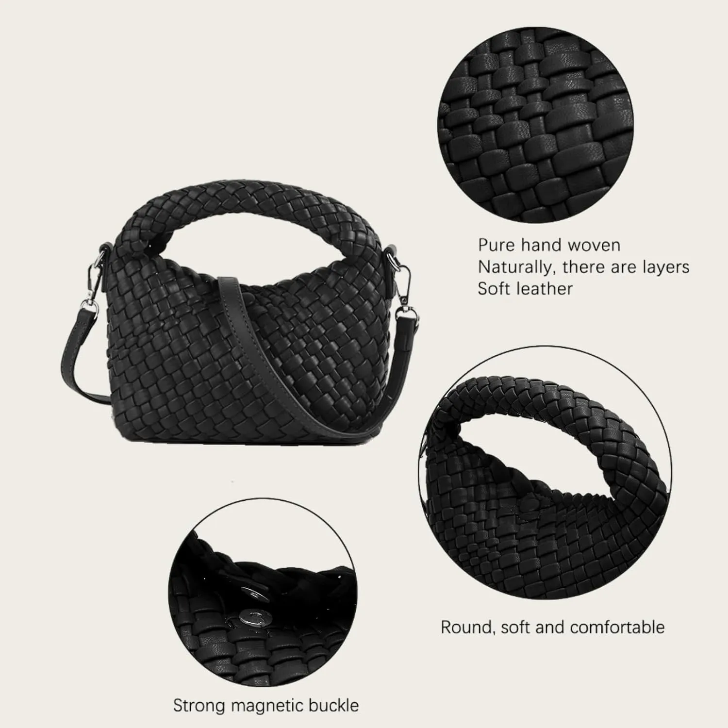 Woven Tote Small Crossbody Bag for Women, Leather Handbag Top-handle Designer Luxury Purse with Detachable Shoulder Strap