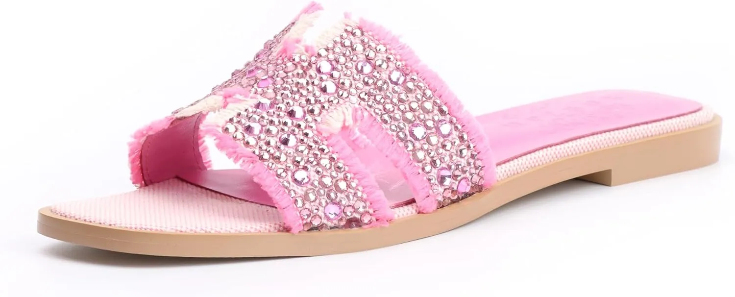 XOBZJH Evening Dress Shoes Rhinestone H-Brand Black Flat Sandals for Women 2025,Designer Luxury Crystals Slides Sandals for Wedding Party Slippers Footwear