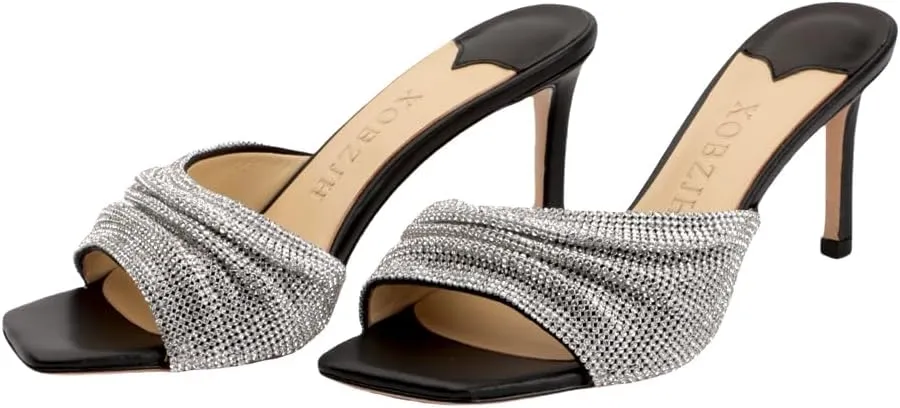 XOBZJH Luxury Designer Women's Stiletto Heeled Rhinestone Sandals Summer Open Toe Crystals Sandals Bride Wedding Dress Shoes