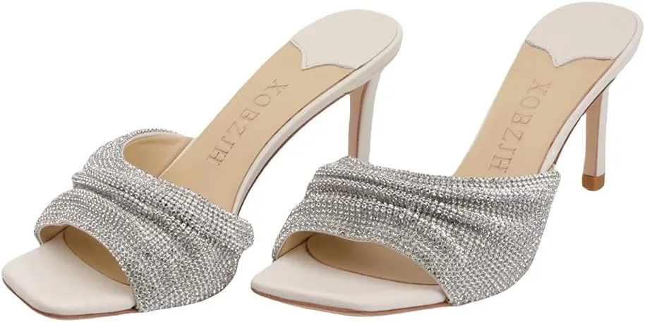XOBZJH Luxury Designer Women's Stiletto Heeled Rhinestone Sandals Summer Open Toe Crystals Sandals Bride Wedding Dress Shoes
