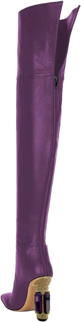 XYD Closed Square Toe Thigh High Boots for Women Thick Thighs Rhinestone Crystal Gems Block Heels Back Zip Ladies Chic Event Formal Party Shoes