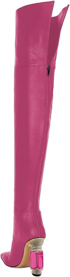 XYD Closed Square Toe Thigh High Boots for Women Thick Thighs Rhinestone Crystal Gems Block Heels Back Zip Ladies Chic Event Formal Party Shoes