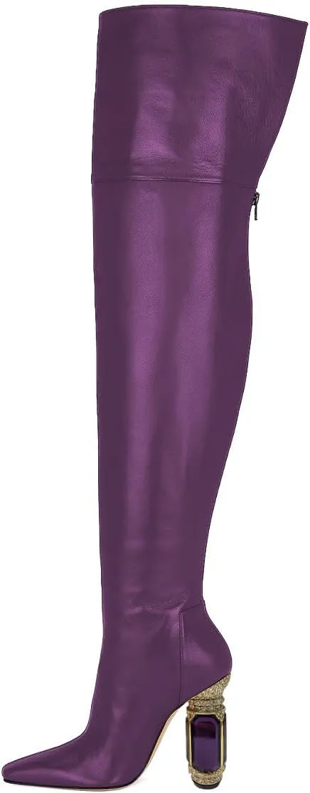 XYD Closed Square Toe Thigh High Boots for Women Thick Thighs Rhinestone Crystal Gems Block Heels Back Zip Ladies Chic Event Formal Party Shoes