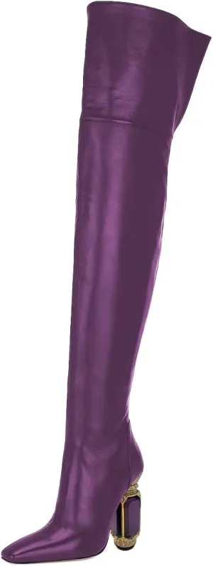 XYD Closed Square Toe Thigh High Boots for Women Thick Thighs Rhinestone Crystal Gems Block Heels Back Zip Ladies Chic Event Formal Party Shoes