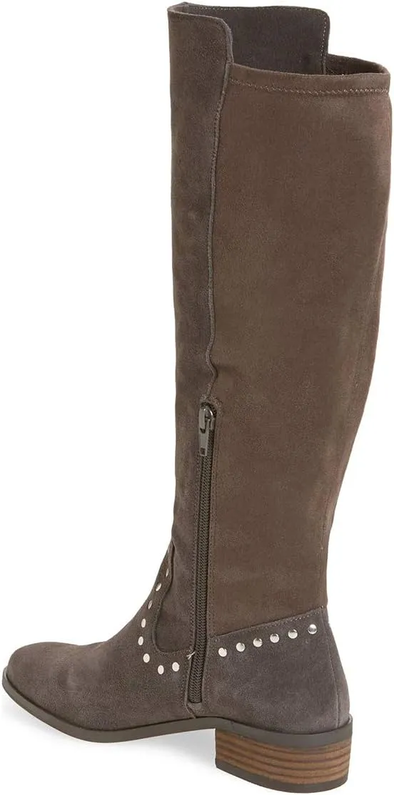 XYD Knee High Boots Rivets Studded Mid Chunky Block Heels Side Zip Round Toe Comfy Warm Trendy Shoes for Women