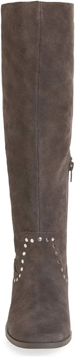 XYD Knee High Boots Rivets Studded Mid Chunky Block Heels Side Zip Round Toe Comfy Warm Trendy Shoes for Women
