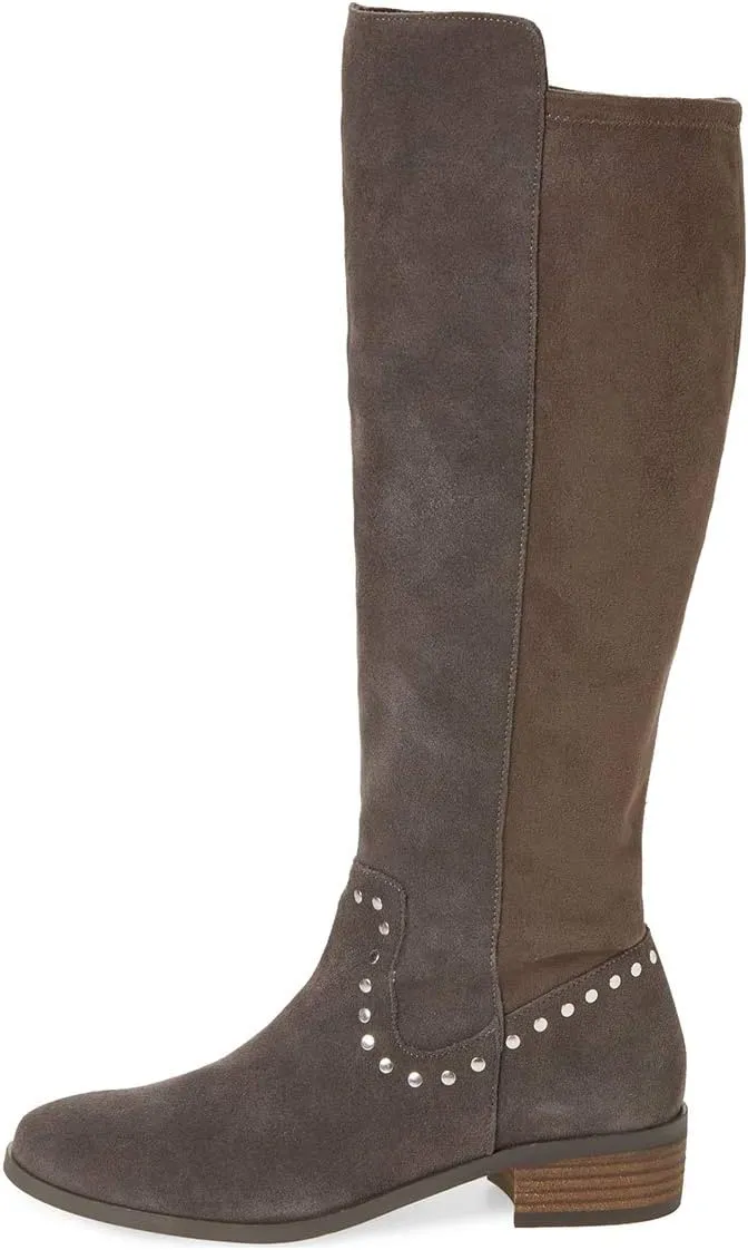 XYD Knee High Boots Rivets Studded Mid Chunky Block Heels Side Zip Round Toe Comfy Warm Trendy Shoes for Women