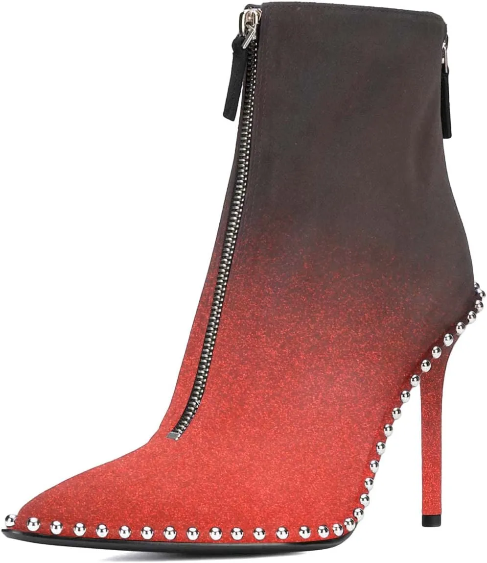 XYD Sassy Women's High Heel Ankle Booties Beads Studded Two Zippers Pointed Toe Stiletto Party Evening Short Boots Shoes