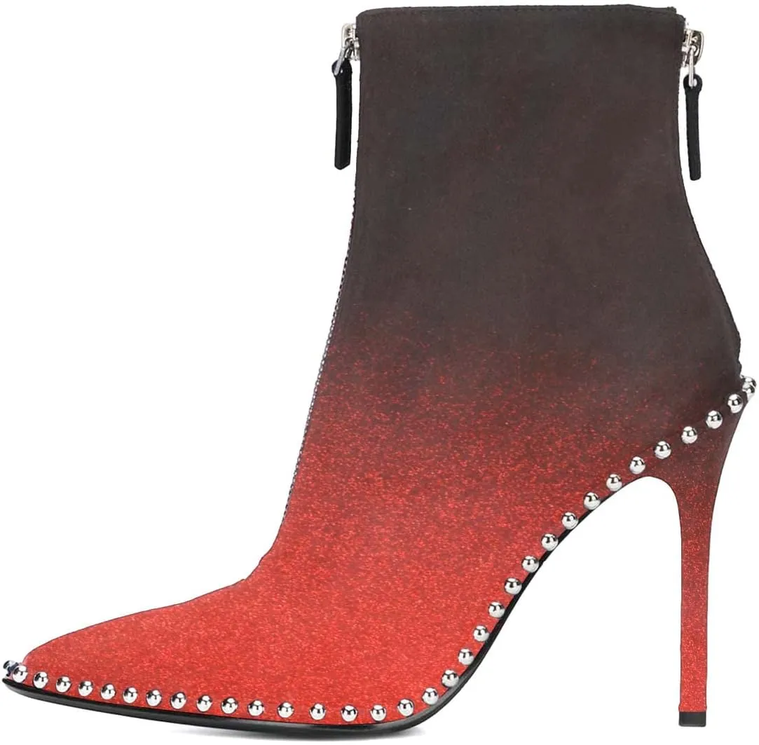 XYD Sassy Women's High Heel Ankle Booties Beads Studded Two Zippers Pointed Toe Stiletto Party Evening Short Boots Shoes
