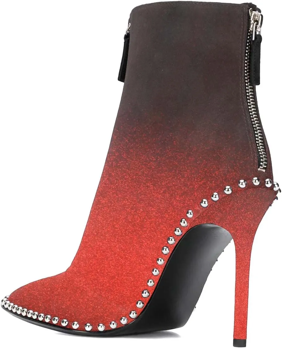 XYD Sassy Women's High Heel Ankle Booties Beads Studded Two Zippers Pointed Toe Stiletto Party Evening Short Boots Shoes