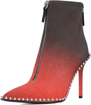 XYD Sassy Women's High Heel Ankle Booties Beads Studded Two Zippers Pointed Toe Stiletto Party Evening Short Boots Shoes