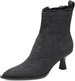 XYD Women Denim Boots Pointed Toe Side Zipper Ankle Booties Kitten Low Heels Dress Casual Party Shoes