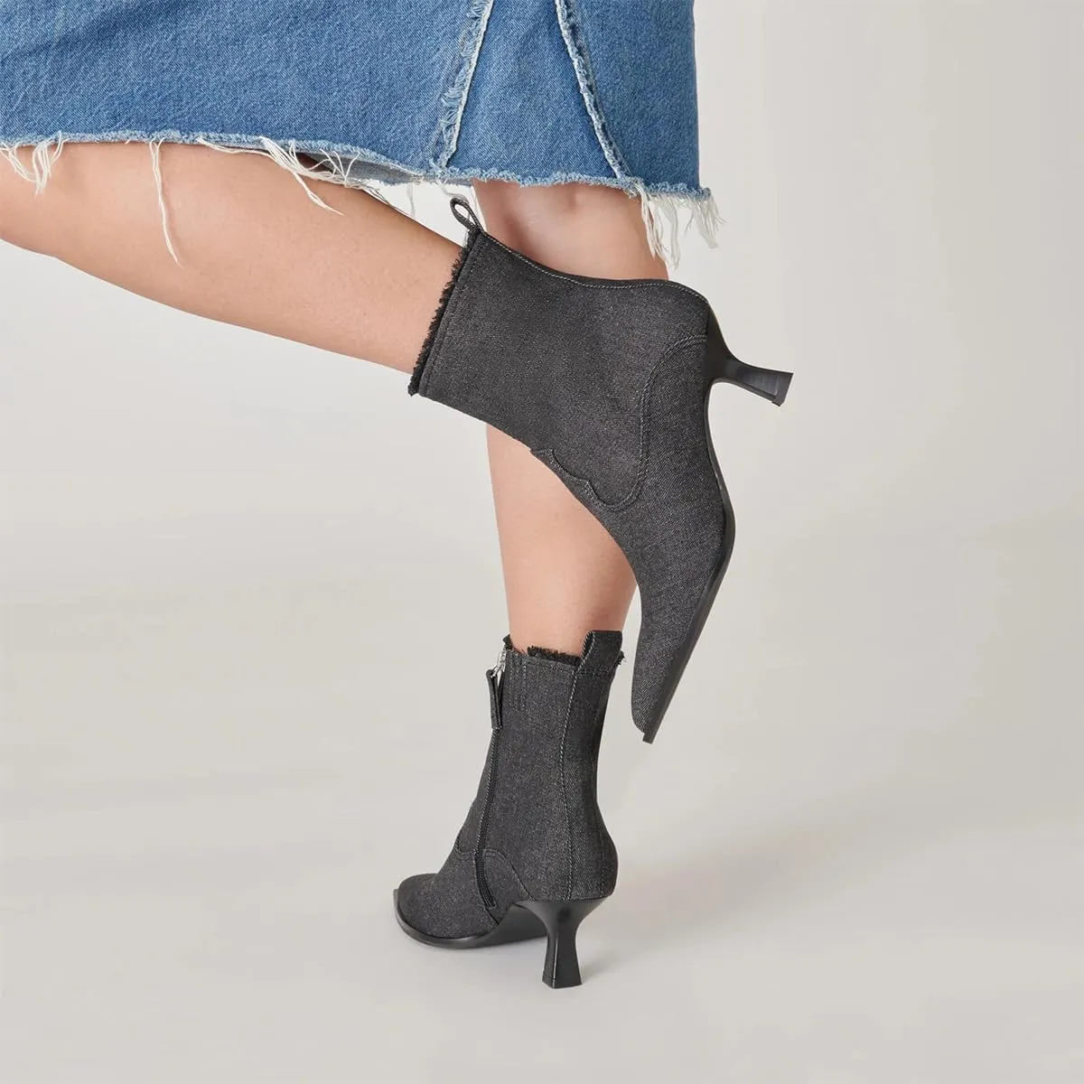 XYD Women Denim Boots Pointed Toe Side Zipper Ankle Booties Kitten Low Heels Dress Casual Party Shoes