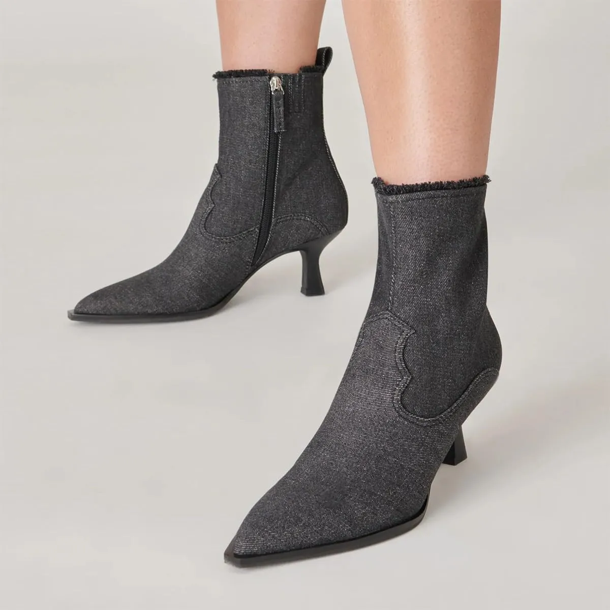 XYD Women Denim Boots Pointed Toe Side Zipper Ankle Booties Kitten Low Heels Dress Casual Party Shoes