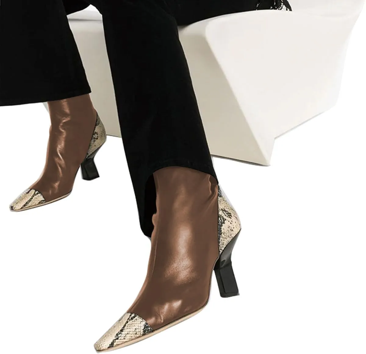 XYD Women Fashion Cap Toe Ankle Booties Square Toe Mid Heel Short Boots Snakeskin Patchwork Back Zipper Dress Shoes