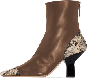 XYD Women Fashion Cap Toe Ankle Booties Square Toe Mid Heel Short Boots Snakeskin Patchwork Back Zipper Dress Shoes