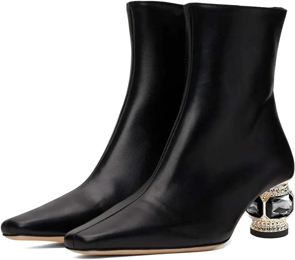 XYD Women Gorgeous Low Chunky Crystal Gem Heel Ankle Boots Closed Square Toe Short Bootie Side Zip Party Ballroom Dress Shoes