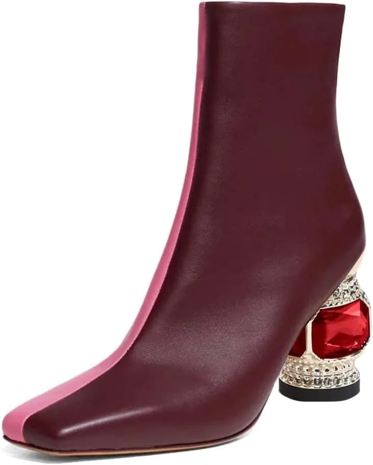 XYD Women Gorgeous Mid Low Chunky Crystal Gem Heel Ankle Boots Closed Square Toe Short Bootie Back Zipper Party Ballroom Dancing Dressy Shoes