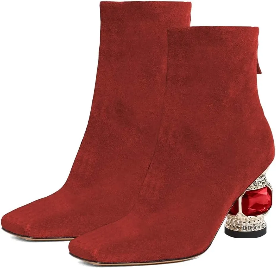 XYD Women Gorgeous Mid Low Chunky Crystal Gem Heel Ankle Boots Closed Square Toe Short Bootie Back Zipper Party Ballroom Dancing Dressy Shoes