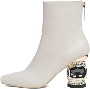 XYD Women Gorgeous Mid Low Chunky Crystal Gem Heel Ankle Boots Closed Square Toe Short Bootie Back Zipper Party Ballroom Dancing Dressy Shoes