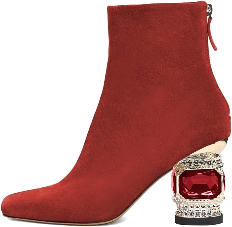 XYD Women Gorgeous Mid Low Chunky Crystal Gem Heel Ankle Boots Closed Square Toe Short Bootie Back Zipper Party Ballroom Dancing Dressy Shoes